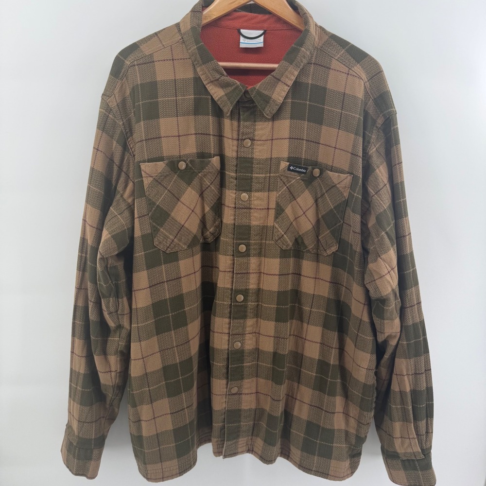 Columbia Mens XXL Fleece Lined Flannel Shirt Jacket Plaid AM3007 Olive Tan